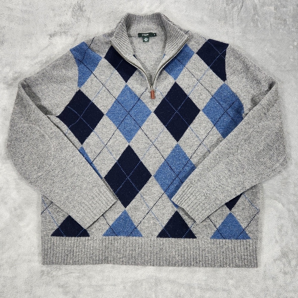 J Crew Sweater Mens XL Gray Blue Argyle 1/4 Zip Lambswool Mock Neck Pullover